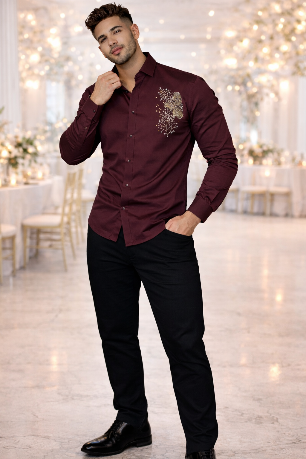 Men’s Premium Maroon Satin Party Wear Shirt with Gold Embroidered Floral