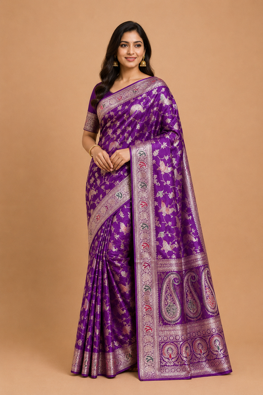 Royal Violet Peacock Zari Silk Saree