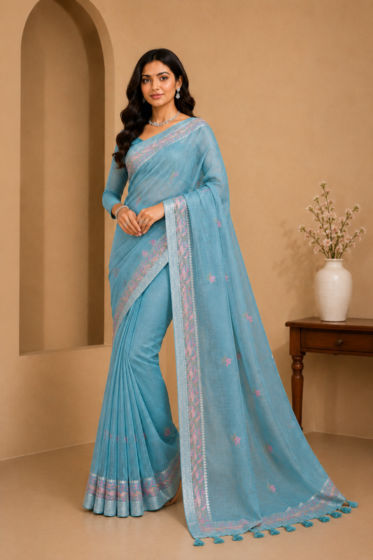 Women LIGHT BLUE Linen Blend Saree with Elegant Woven Border