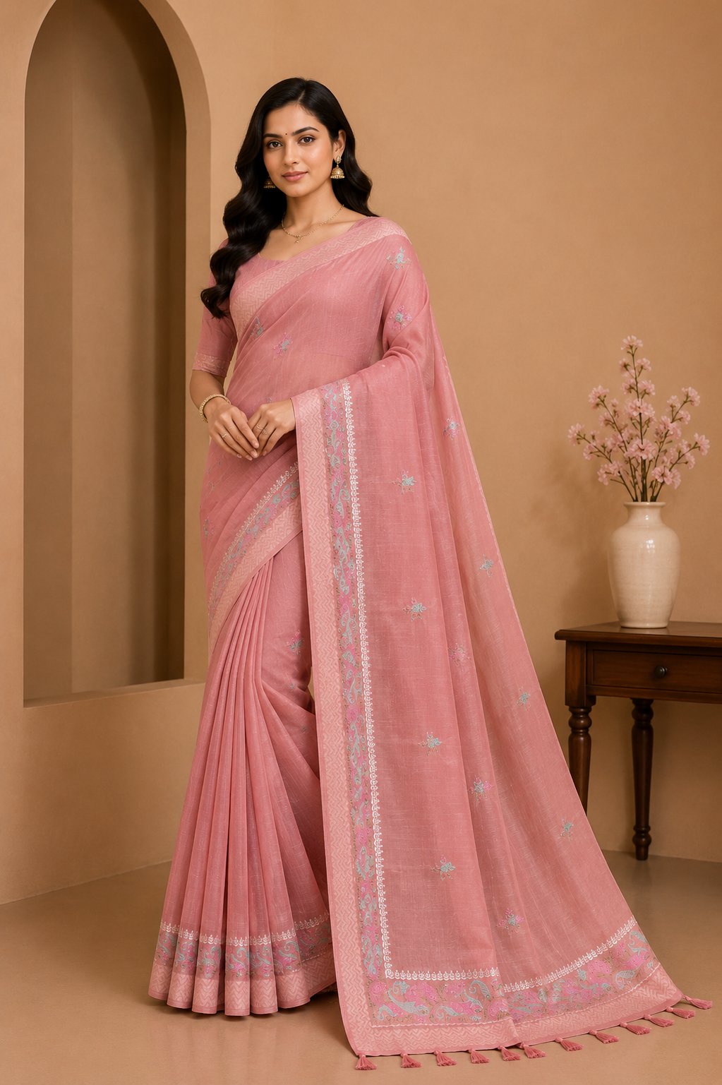 Women Dusty Pink Linen Blend Saree with Elegant Woven Border