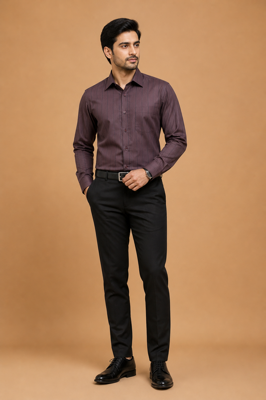 Classic Wine Brown Striped Formal Shirt for Men