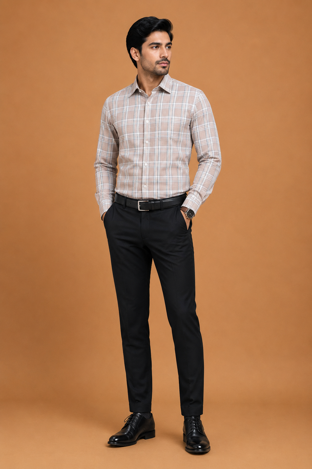 Men’s Beige Checks Premium Formal Shirt