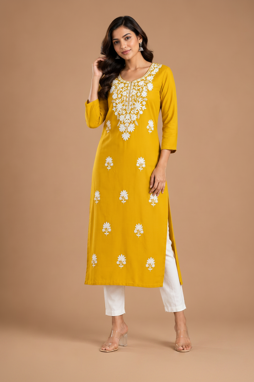 Women’s Mustard Yellow Floral Printed Straight Kurti