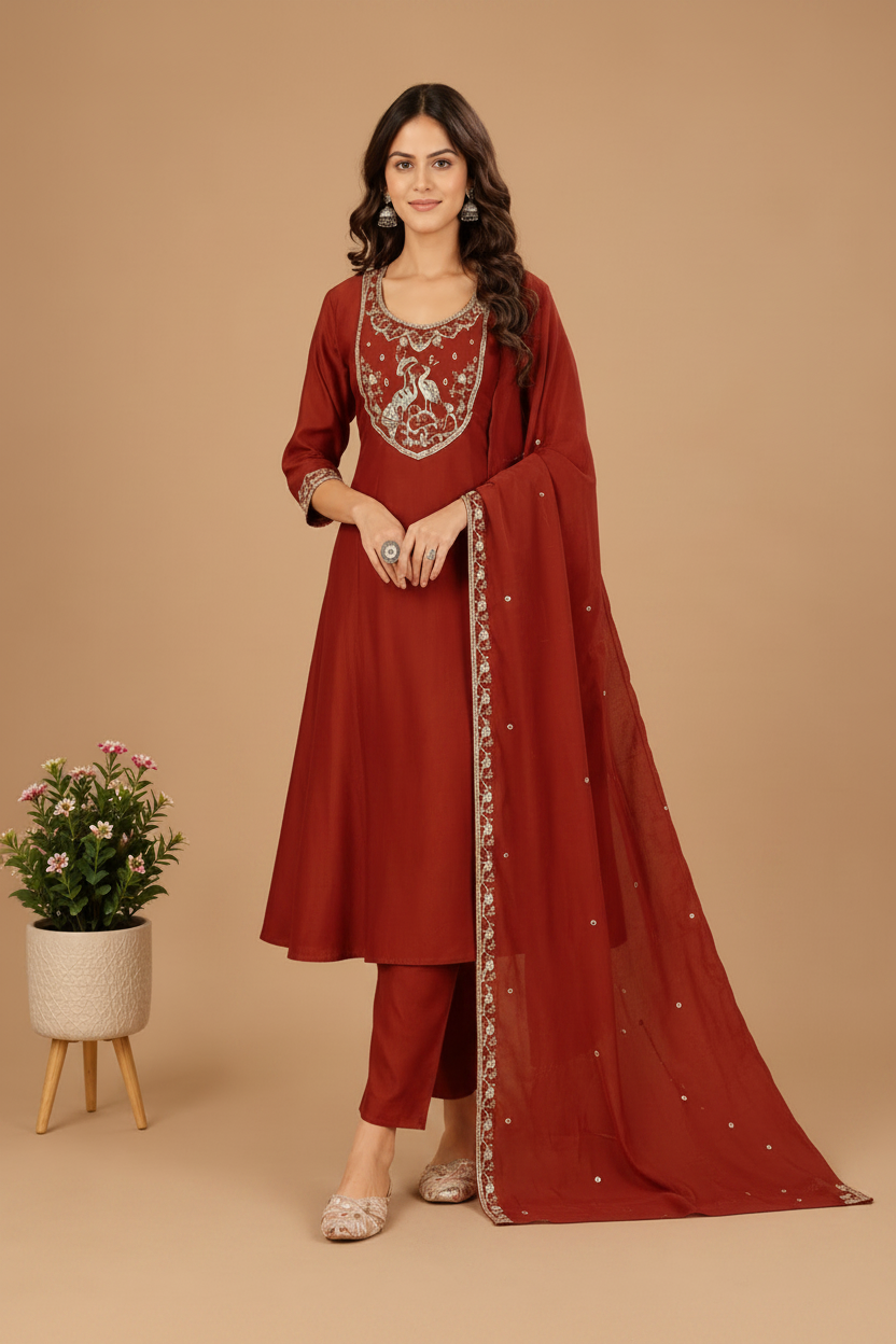 Elegant Maroon Embroidered Anarkali Suit Set with Dupatta for Women