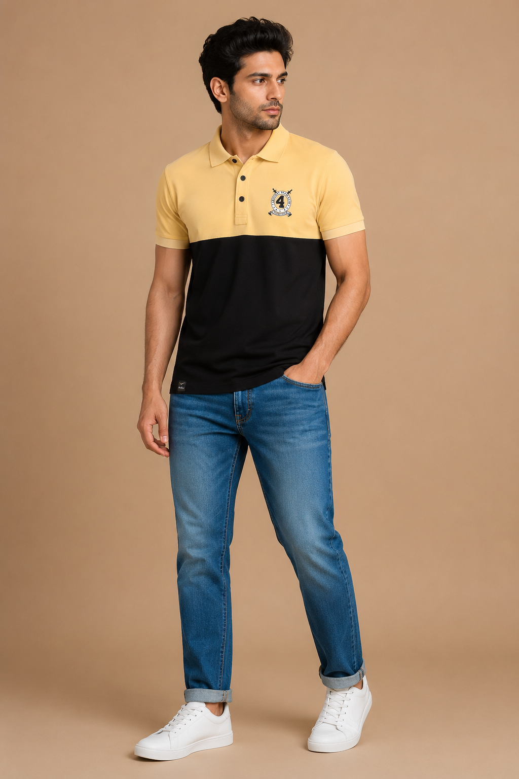 Men’s Beige & Black Colorblock Polo T-Shirt