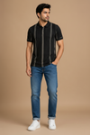 Men’s Black Textured Stripe Polo T-Shirt