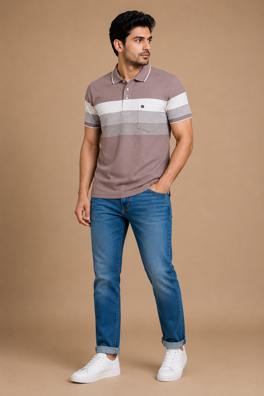 Men’s Mauve & White Striped Polo T-Shirt
