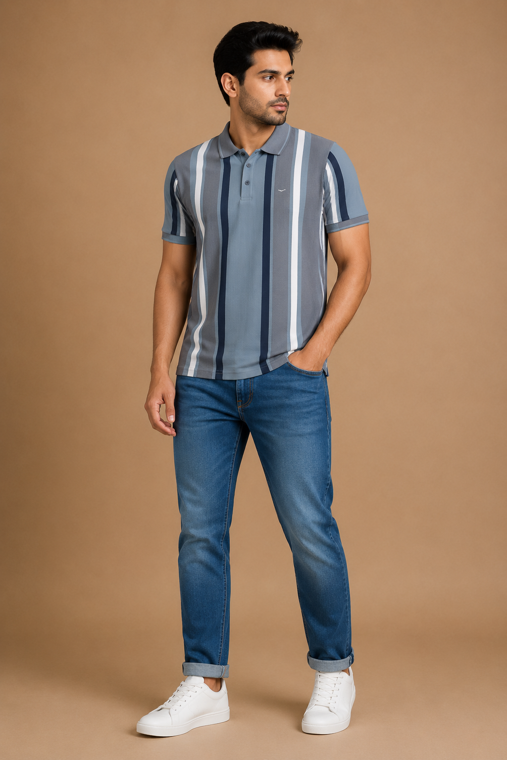 Men’s Grey Blue Striped Polo T-Shirt