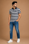 Men’s Navy Blue & White Horizontal Stripe Polo T-Shirt