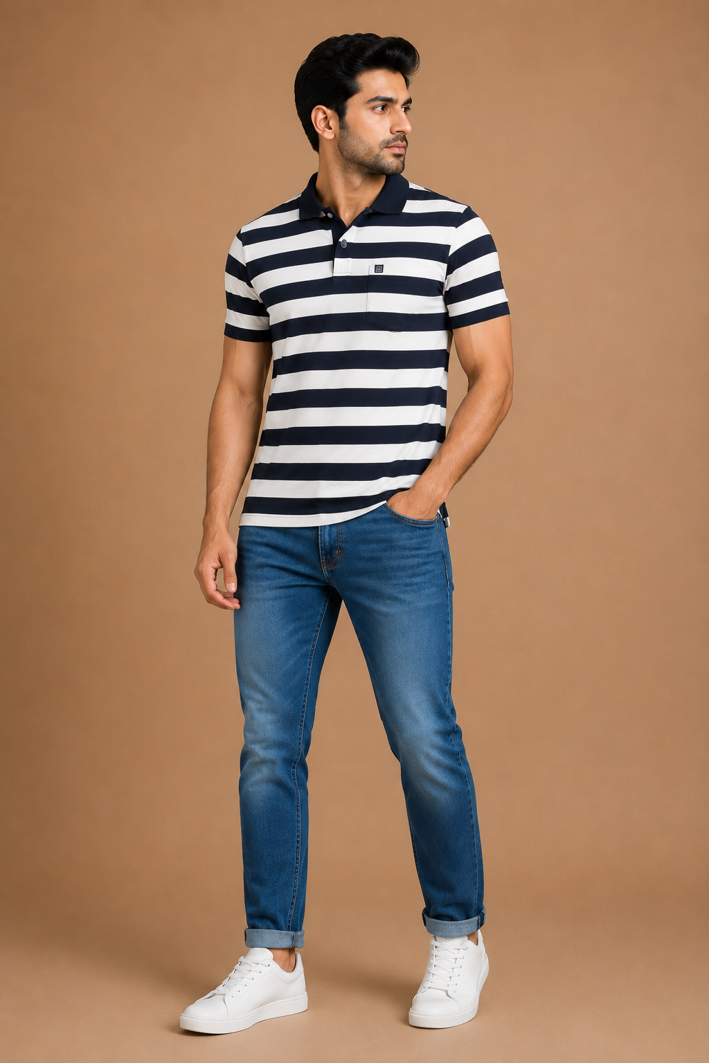 Men’s Navy Blue & White Horizontal Stripe Polo T-Shirt