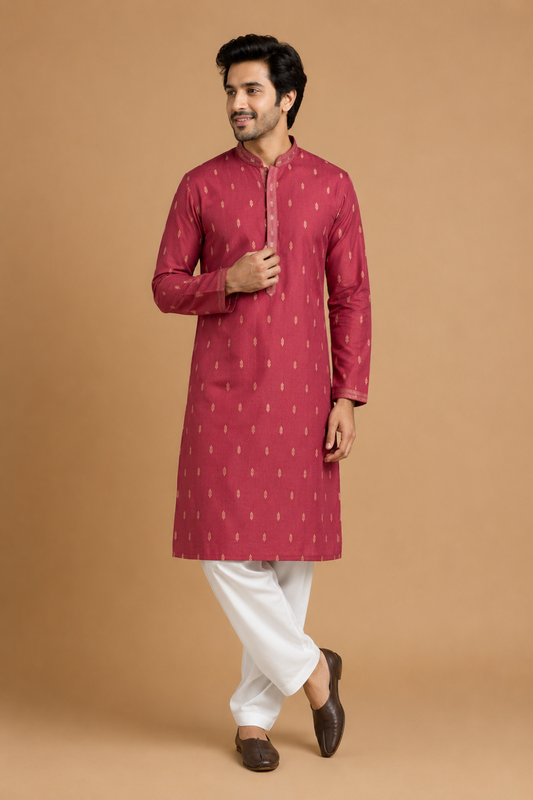 Men’s Maroon Ethnic Kurta Set with White Salwar