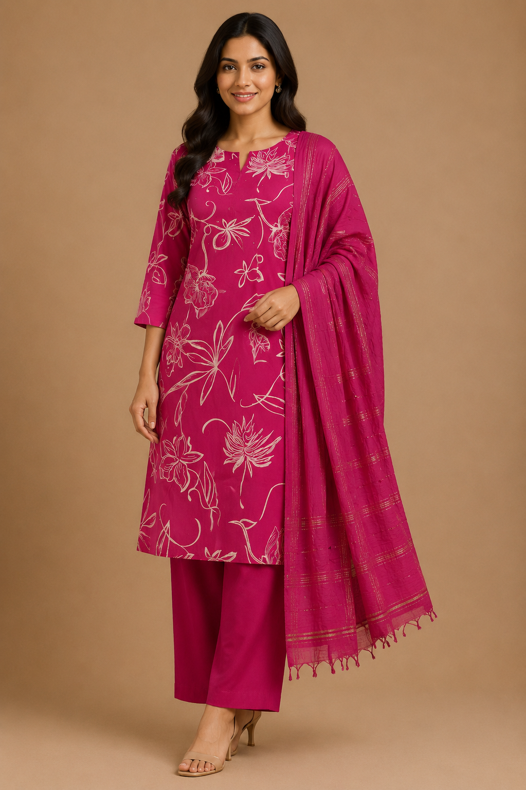 Women’s Magenta Floral Printed Kurti Pant Dupatta Set