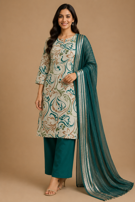 Women’s Teal Printed Kurti Pant Dupatta Set