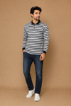Men’s Grey & White Horizontal Striped Full Sleeve Polo T-Shirt