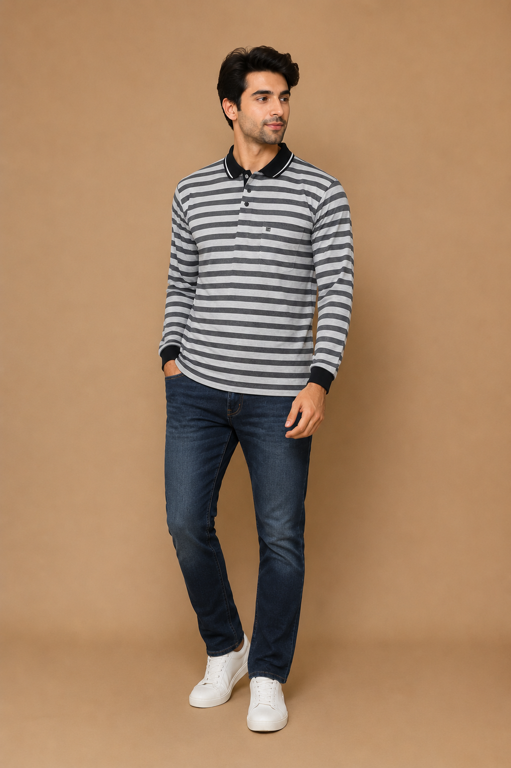 Men’s Grey & White Horizontal Striped Full Sleeve Polo T-Shirt
