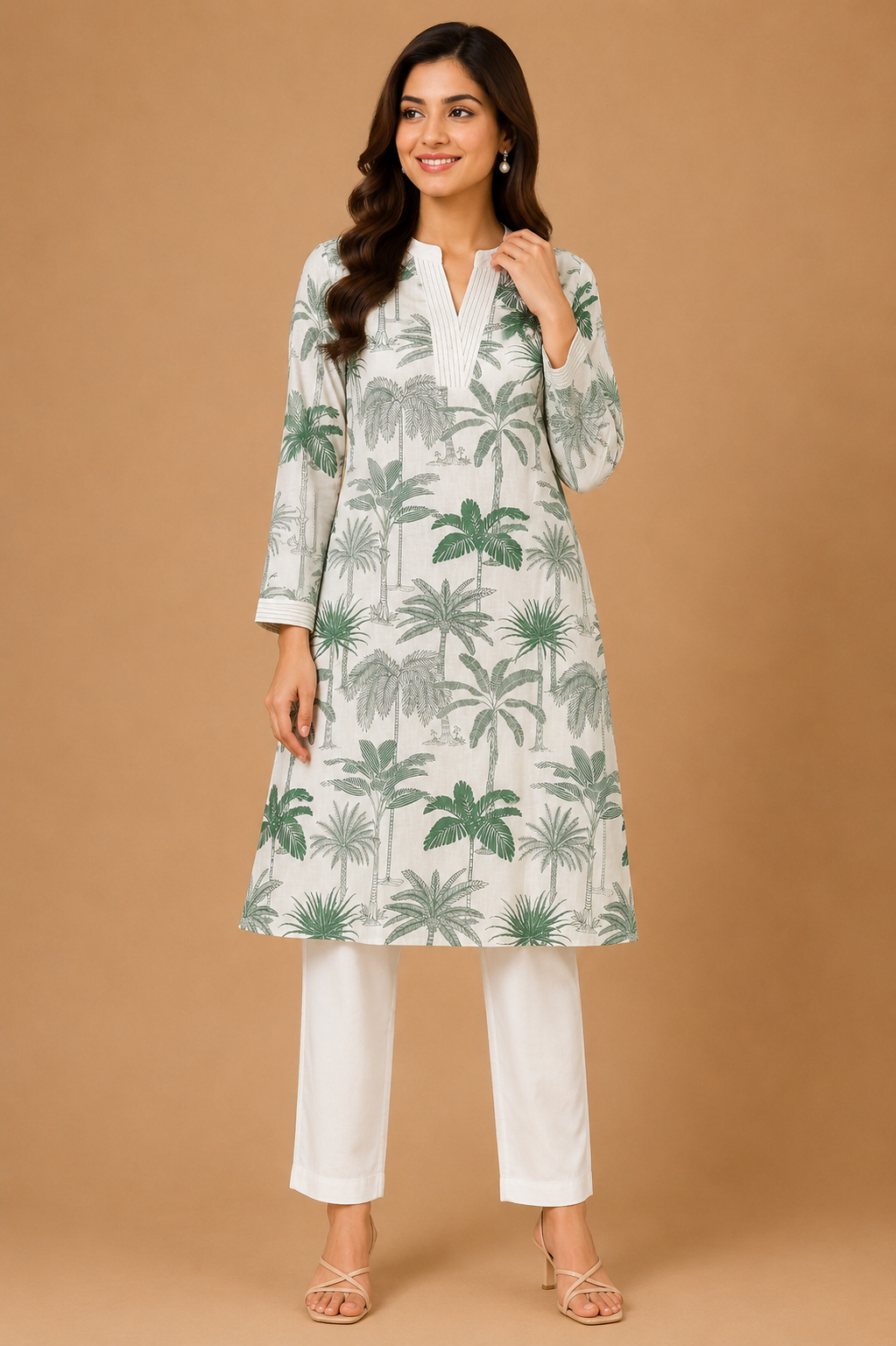 Women’s Green Palm Print Co-Ord Set with White Pant