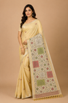 Women’s Pastel Yellow Printed Linen Blend Saree with Designer Pallu