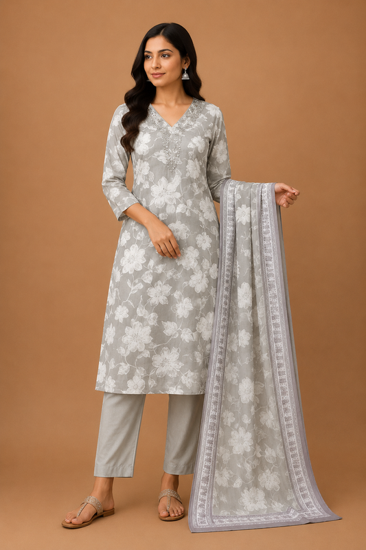Women’s Grey Floral Printed Dupatta Bottom Set