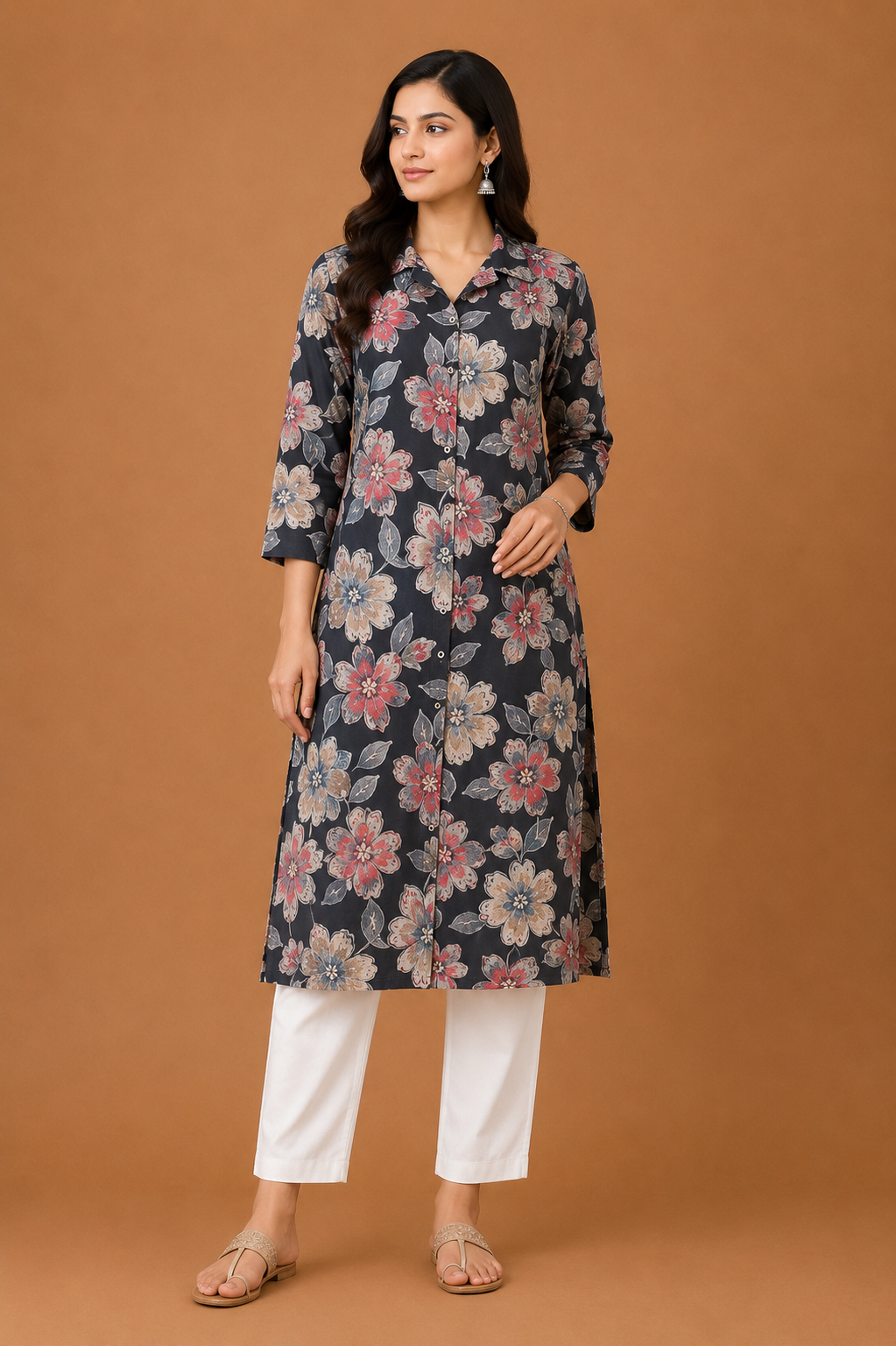 Women’s Charcoal Grey Floral Printed Straight Kurti