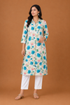 Women’s Off White & Turquoise Floral Printed Straight Kurti