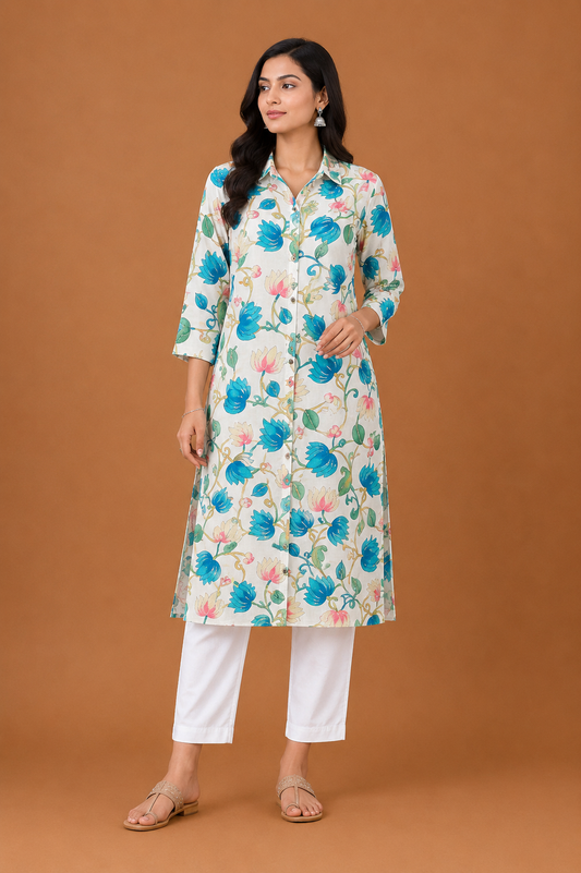Women’s Off White & Turquoise Floral Printed Straight Kurti