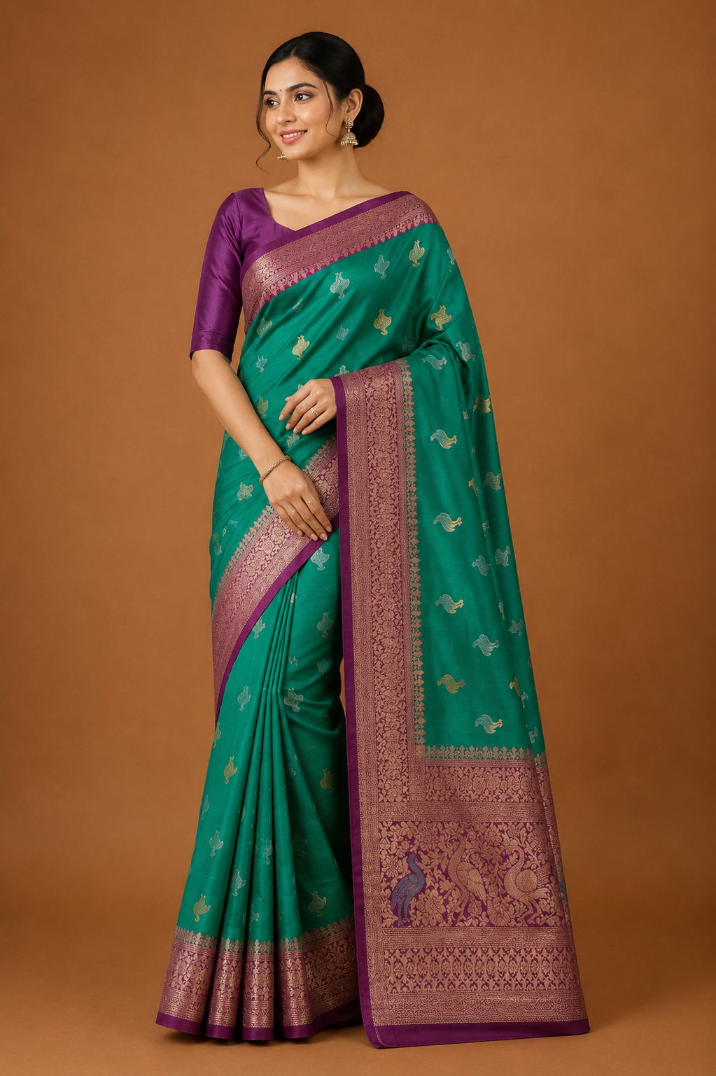 Women’s Green & Purple Banarasi Style Silk Saree