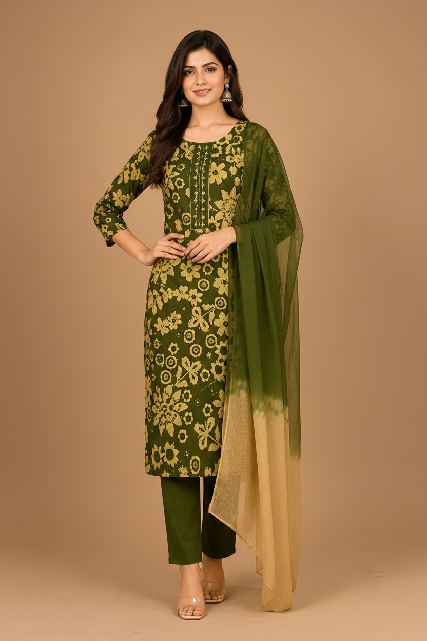 Olive Green Floral Printed Dupatta Bottom Set
