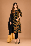 Women’s Black & Mustard Printed Kurta Dupatta Set