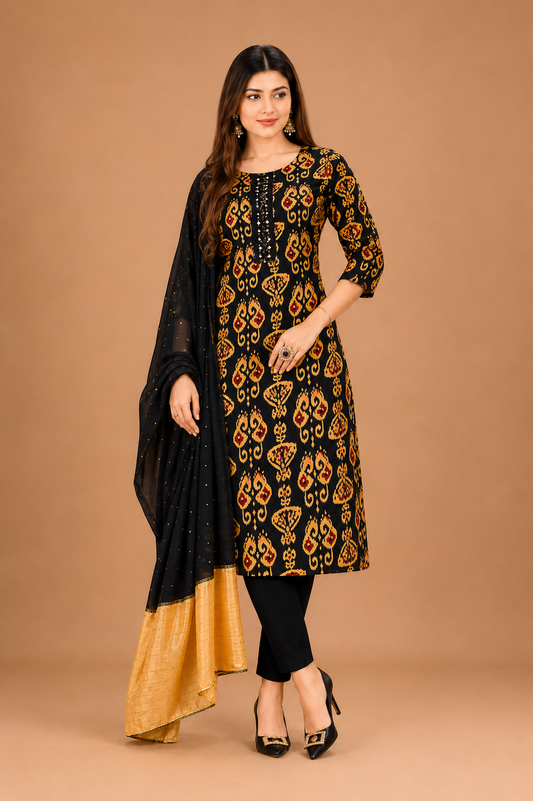 Women’s Black & Mustard Printed Kurta Dupatta Set