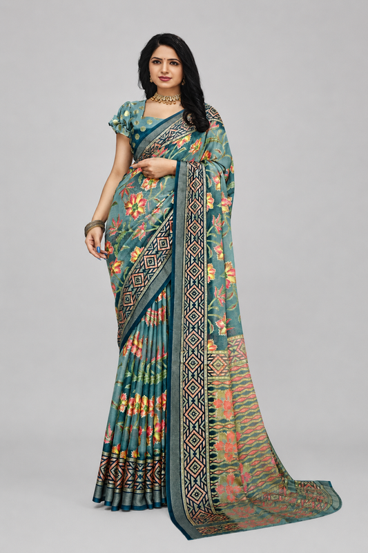Floral Printed Saree with Geometric Border