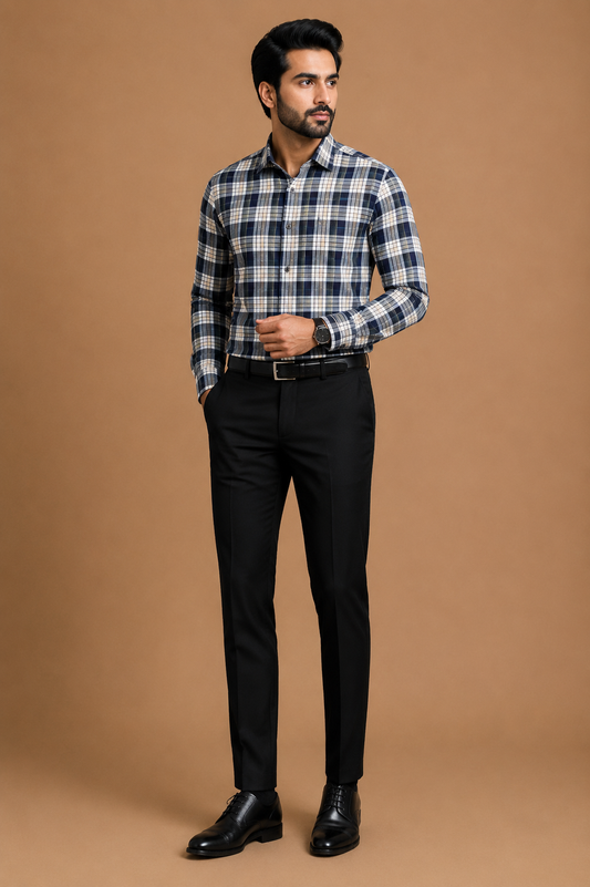 Men's Navy Blue & Grey Checked Formal Shirt
