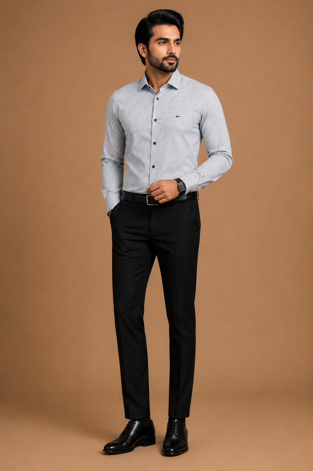 Men's Light Grey Self-Design Formal Shirt