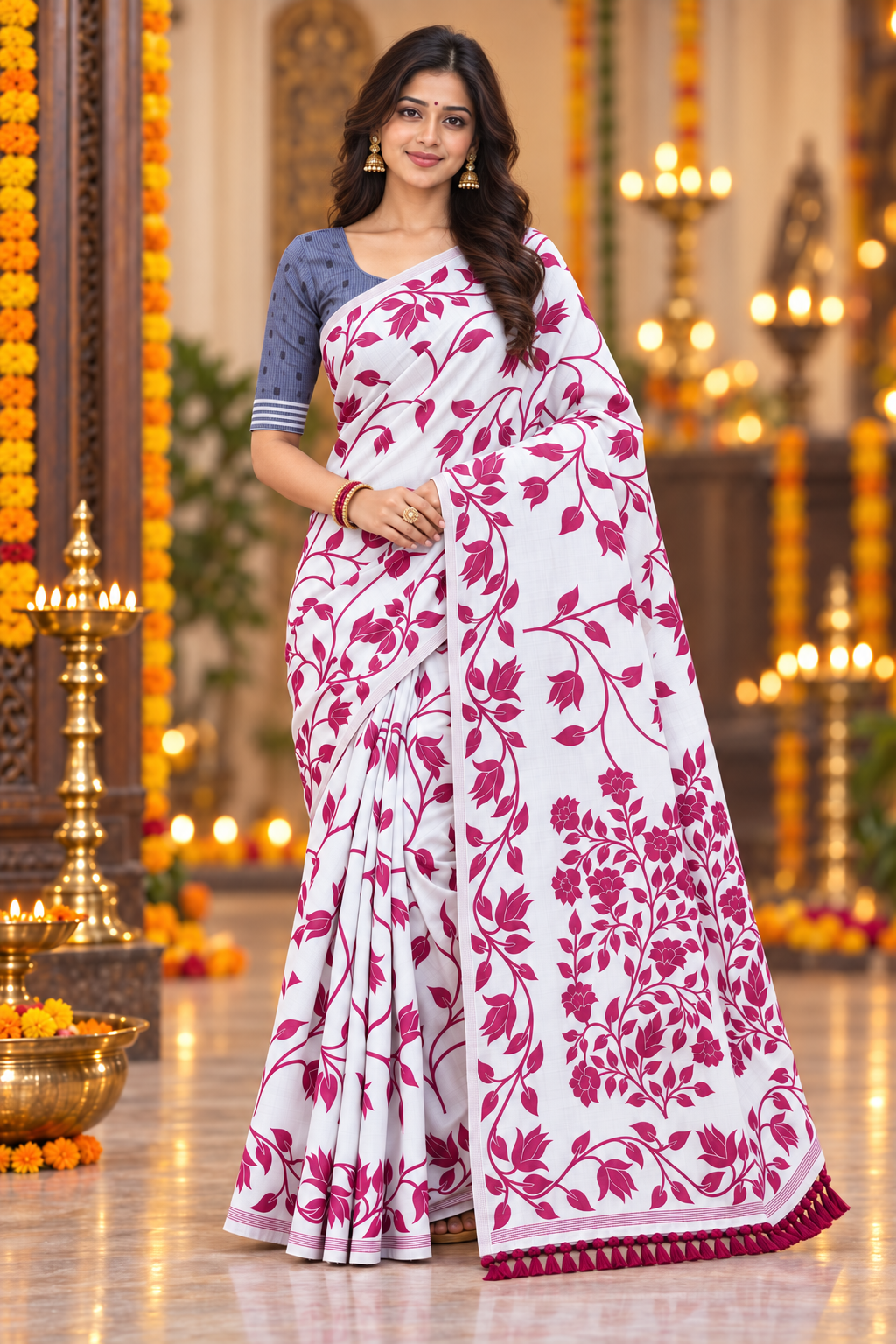 Title: Elegant White & Magenta Floral Print Saree