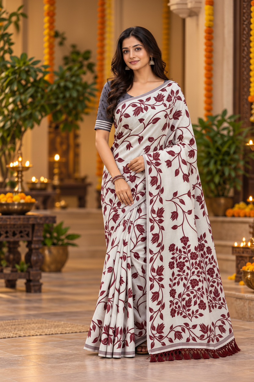Title: Elegant Ivory & Maroon Floral Print Saree