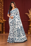 Title: Elegant Ivory & Teal Blue Floral Print Saree
