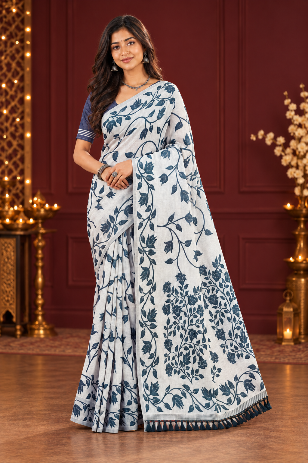 Title: Elegant Ivory & Teal Blue Floral Print Saree