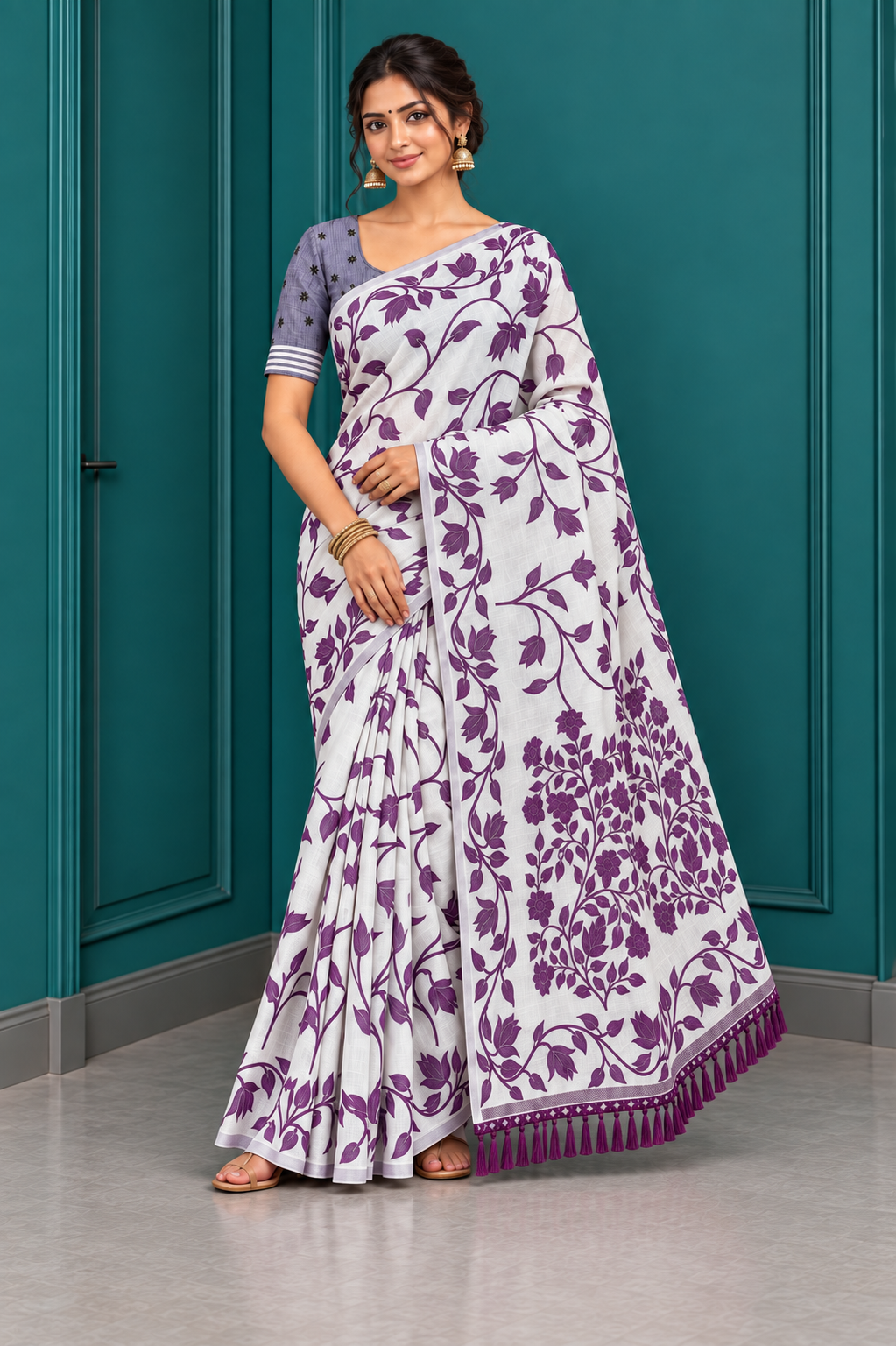 Title: Ivory White Purple Floral Print Saree