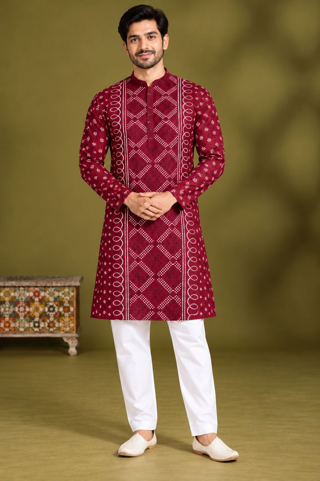 Maroon Printed Festive Kurta for Men