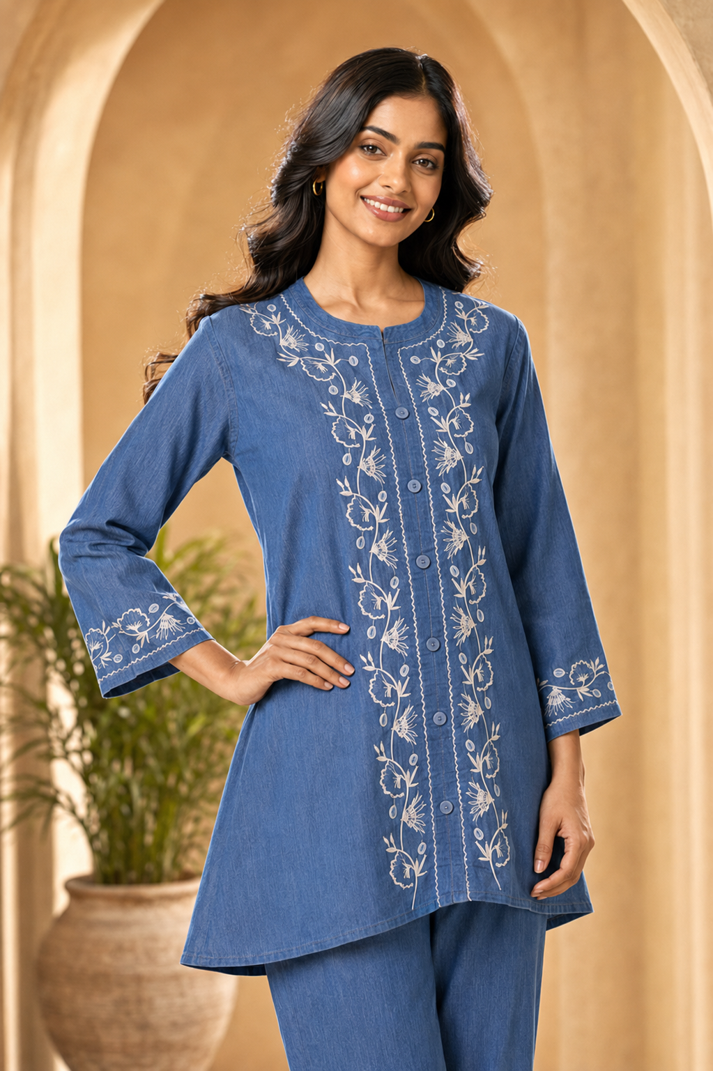 Denim Blue Floral Embroidered Co-ord Set