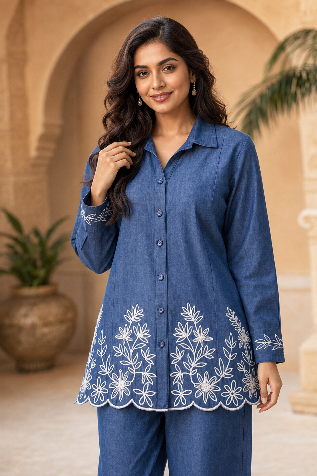 Denim Blue Floral Embroidered Co-ord Set