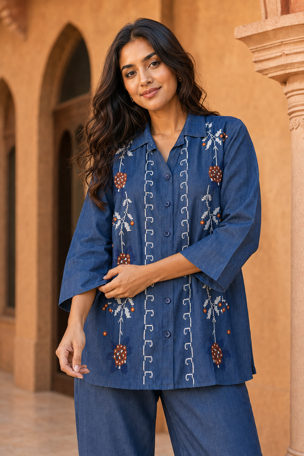 Denim Bloom Embroidered Co-ord Set