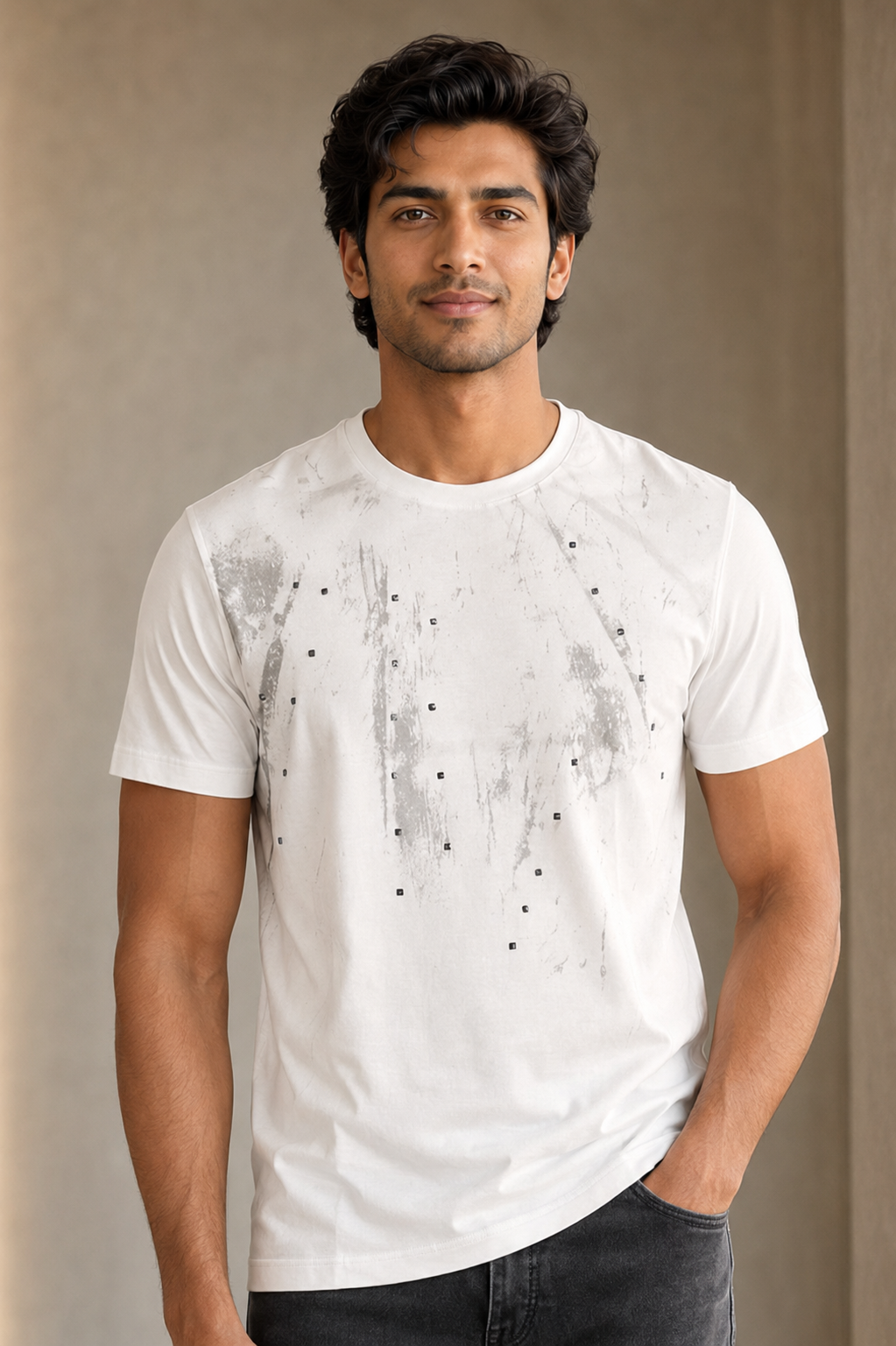 Title: Men’s White Abstract Printed Round-Neck T-Shirt