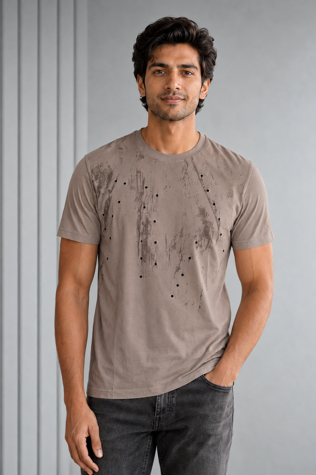 Men’s Taupe Abstract Printed Round-Neck T-Shirt