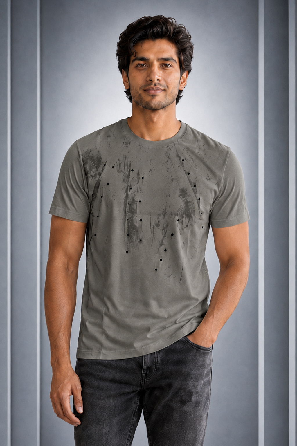 Men’s Grey Abstract Printed Round-Neck T-Shirt
