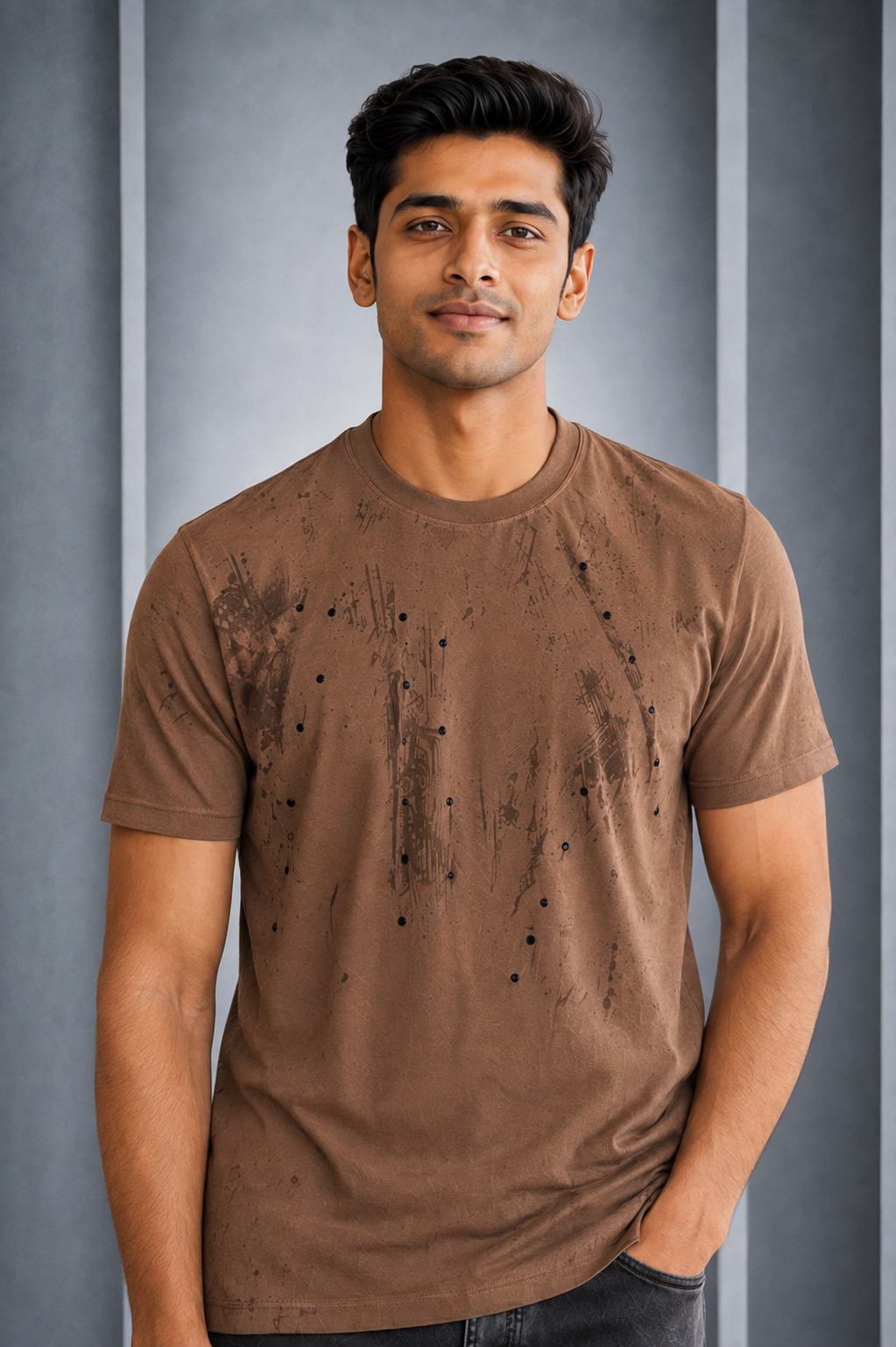 Men’s Brown Abstract Printed Round-Neck T-Shirt