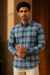 Classic Teal Blue Checkered Casual Shirt
