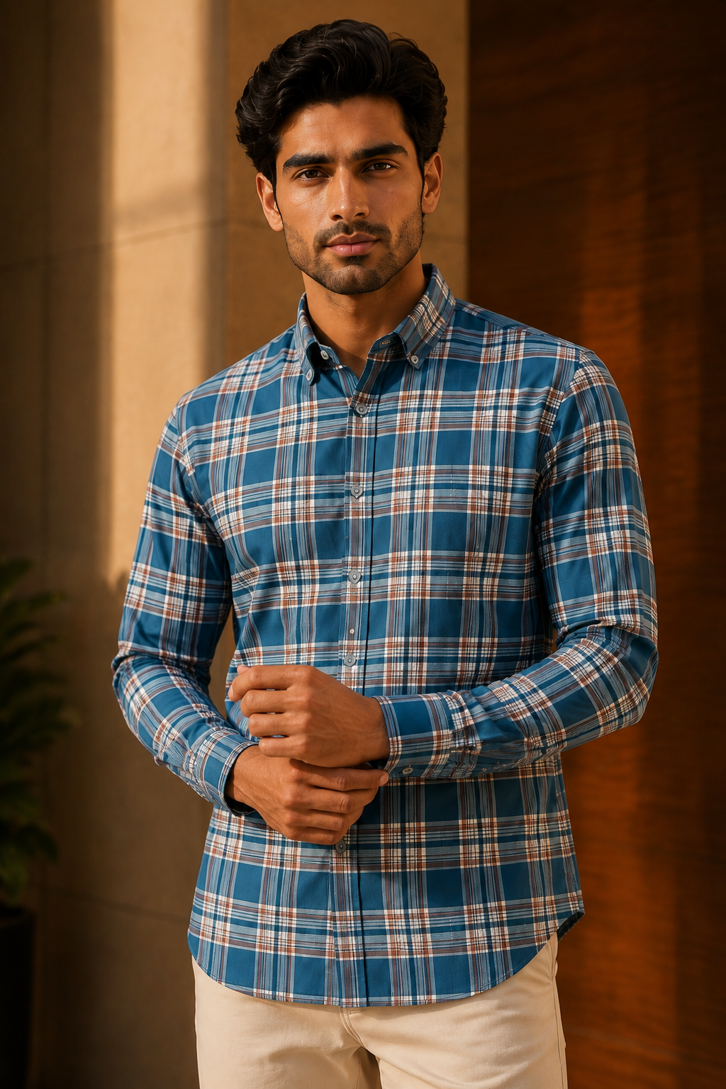 Classic Teal Blue Checkered Casual Shirt