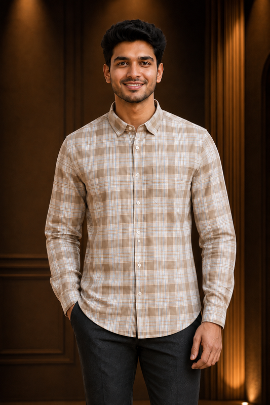 Classic Beige Checkered Casual Shirt