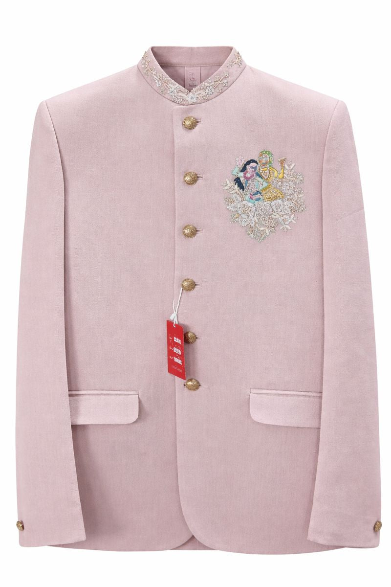 Men’s Peach Jacquard Embroidered Western Jodhpuri Suit