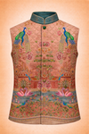 Men Peach Ethnic Peacock & Floral Embroidered Nehru Jacket
